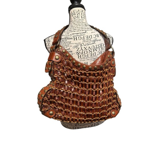 KOOBA Woven Leather and Rope Studded Brown Shoulder Hobo Handbag Purse - Picture 1 of 10
